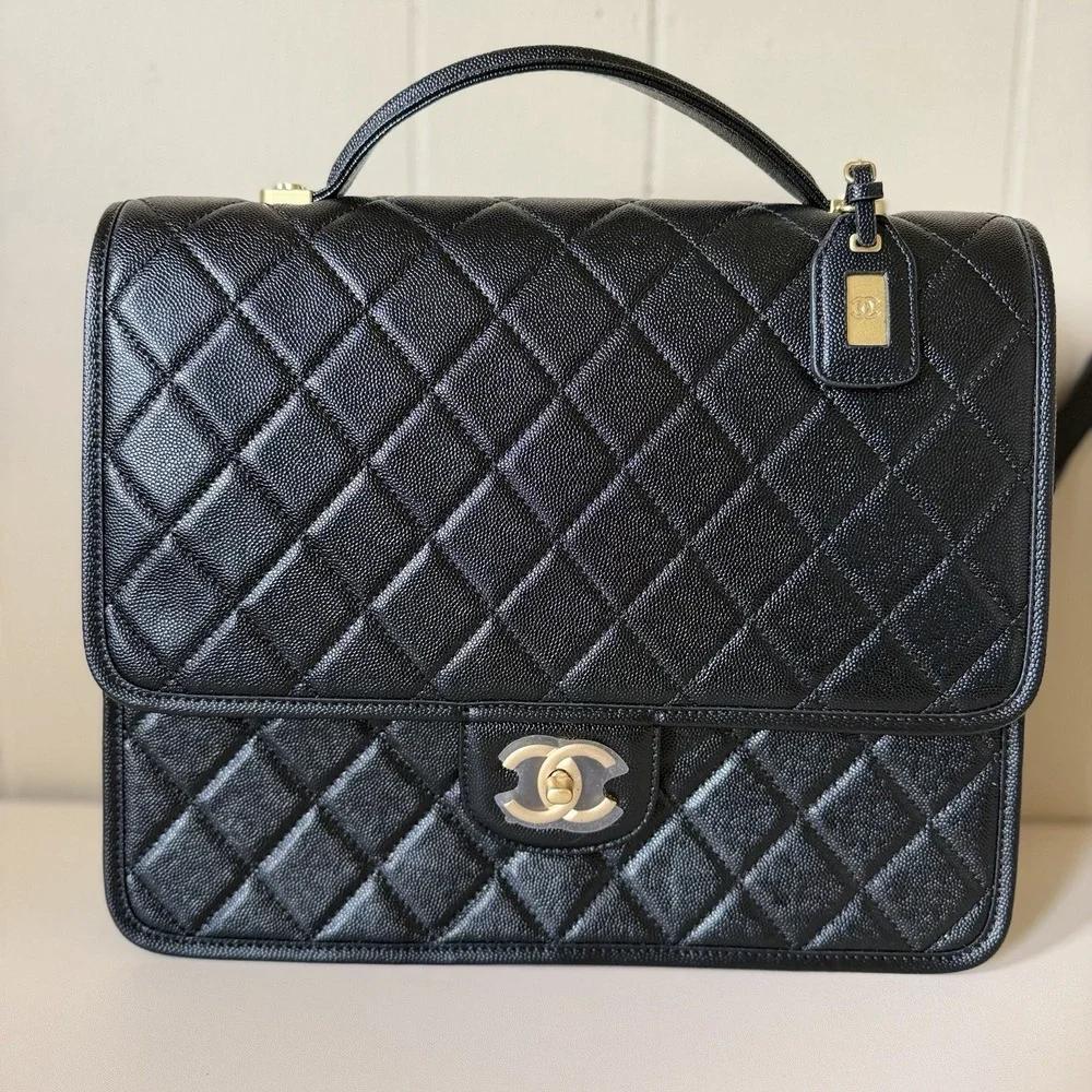 Chanel School Memory Large Flap Bag 22K Caviar Quilted Antique Gold Hardware NWT